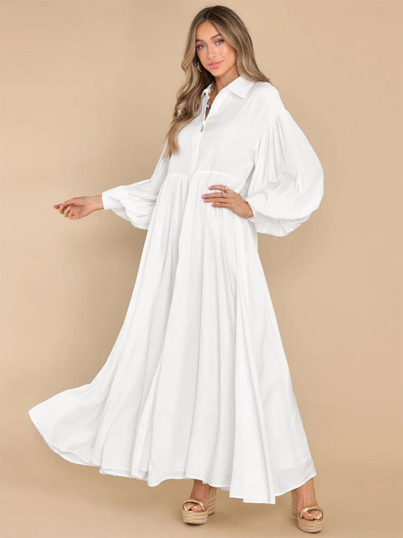 Robe Longue Blanche Pour Femmes Col Rabattu Manches Longues Chemise Surdimensionnée - Blanc