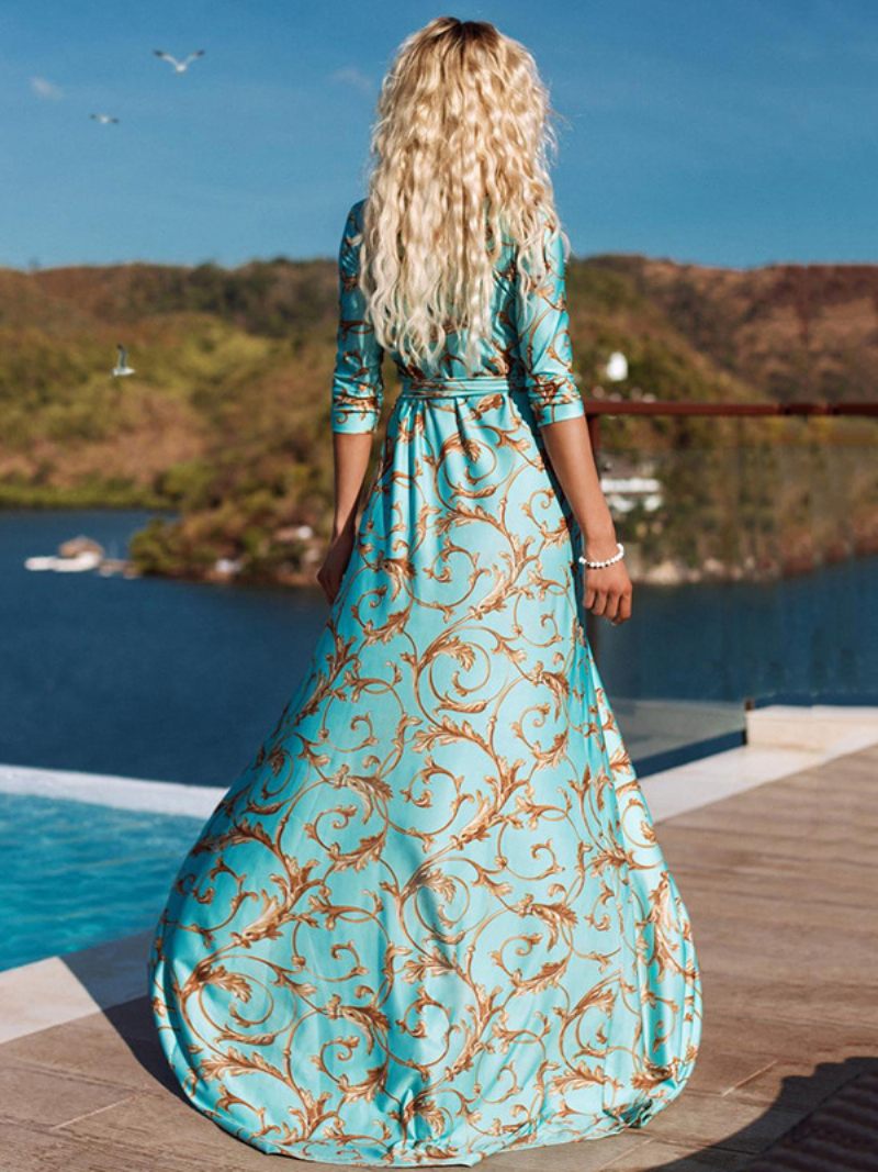 Robe Longue Imprimée Pour Femmes Demi-manches Fendue Longueur Au Sol Portefeuille - Bleu Ciel Clair