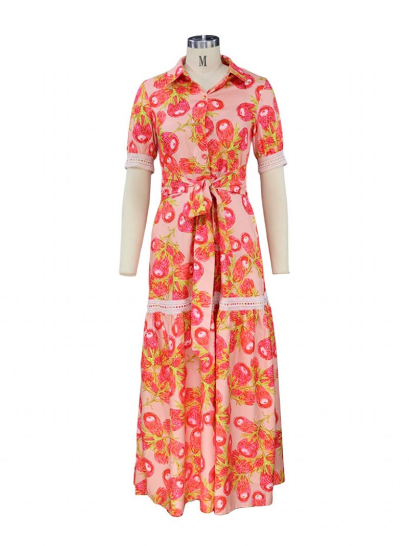 Robe Longue Rouge À Manches Courtes Pour Femmes Imprimé Floral Col V Longueur Au Sol - Rouge