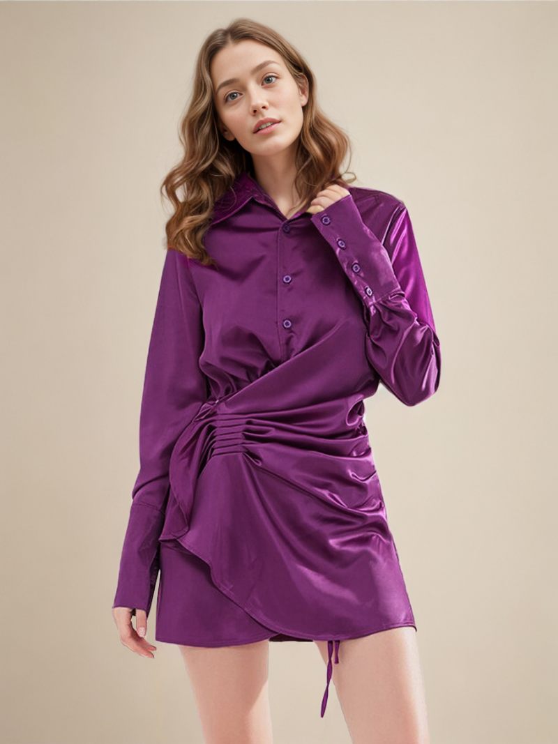 Robes Chemise Drapées Boutonnées Asymétriques Décontractées Pour Femme.