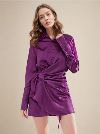 Robes Chemise Drapées Boutonnées Asymétriques Décontractées Pour Femme.