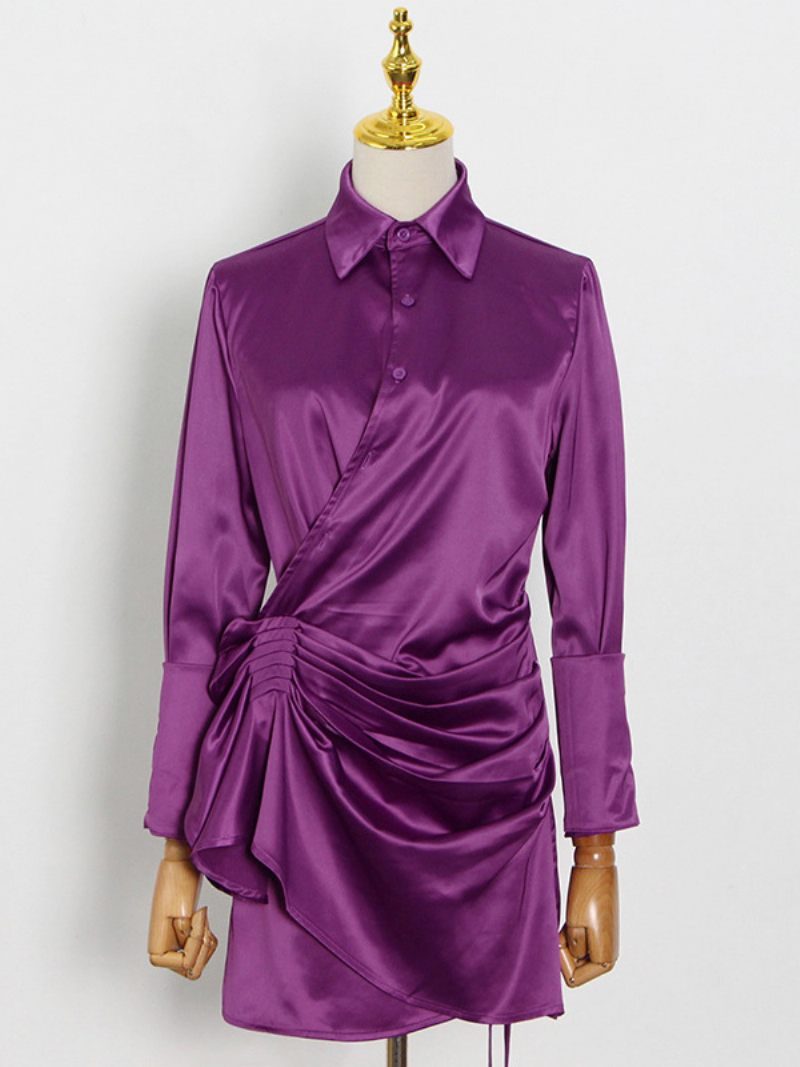 Robes Chemise Drapées Boutonnées Asymétriques Décontractées Pour Femme. - Violet