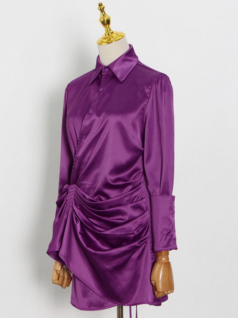 Robes Chemise Drapées Boutonnées Asymétriques Décontractées Pour Femme. - Violet