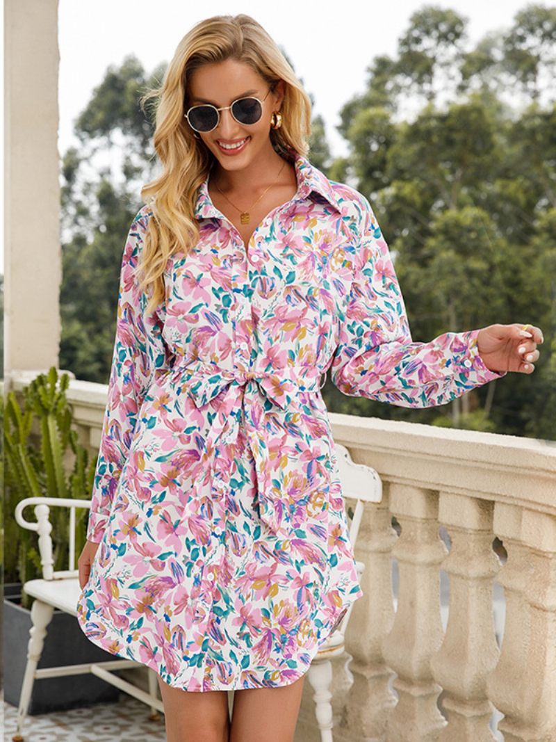 Robes Chemise Pour Femmes Imprimé Floral Boutons Ceinturés Tenue Courte Décontractée Tous Les Jours - Pêche