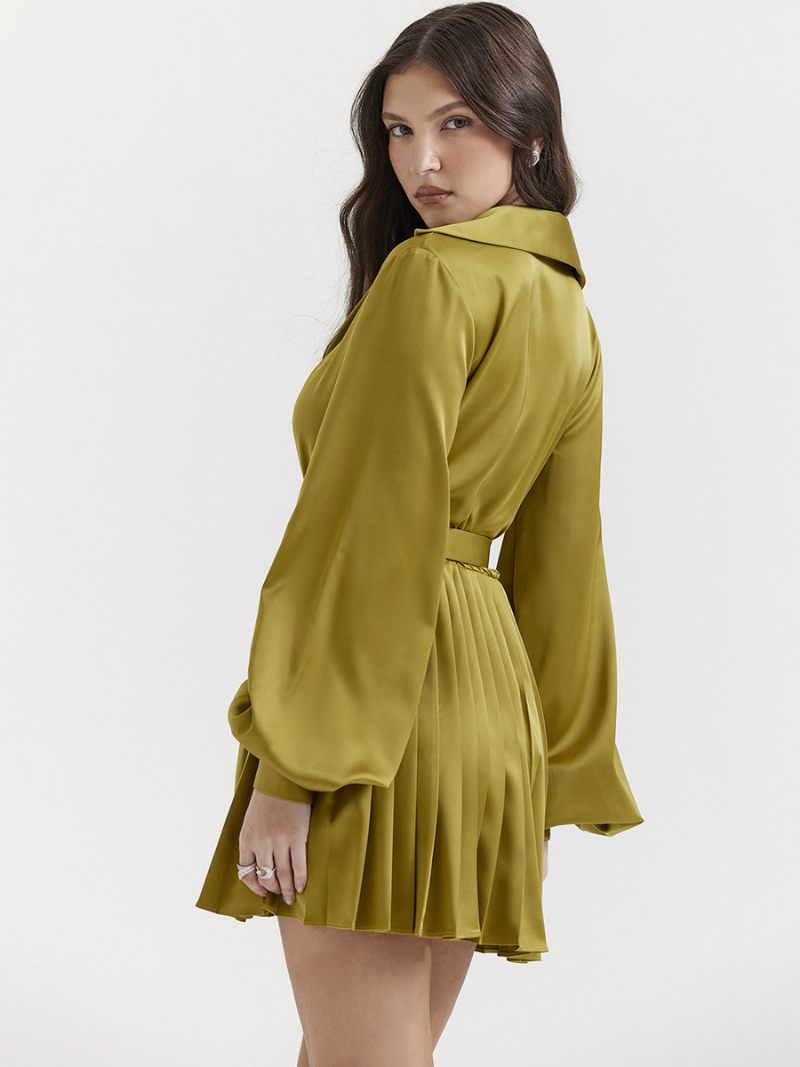 Robes Chemise Pour Femmes Olive Col V Plissé Manches Longues Tissu Satiné Mini - Olive