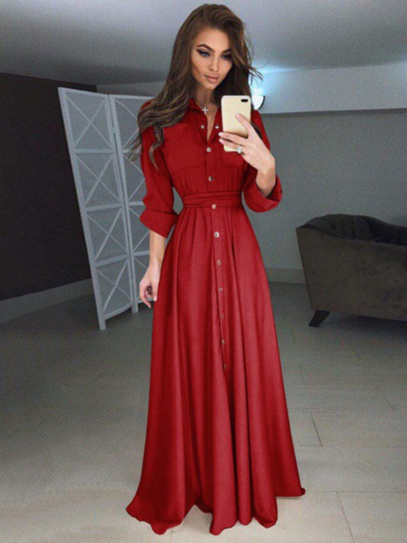 Robes Maxi Pour Femmes Taille Haute Col Montant Boutons Manches Longues Longueur Au Sol Robe Chemise - Rouge