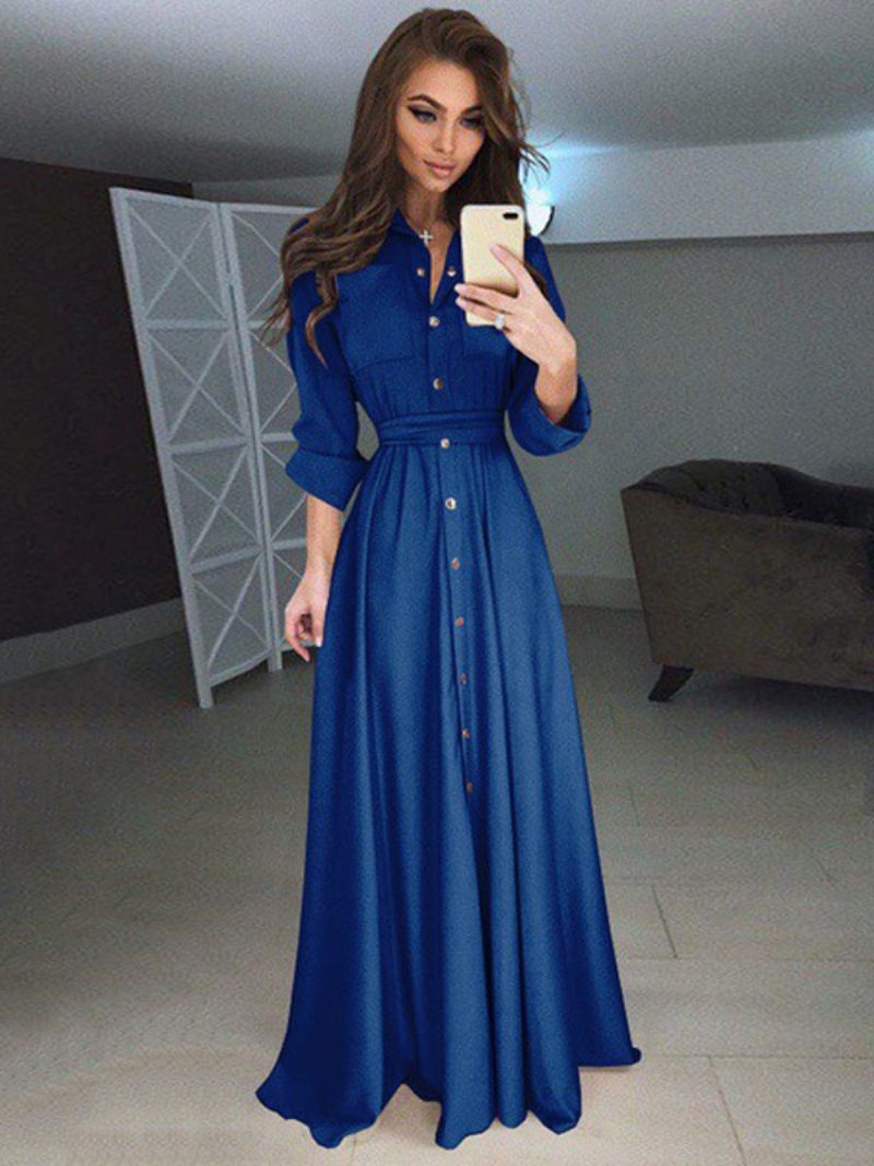 Robes Maxi Pour Femmes Taille Haute Col Montant Boutons Manches Longues Longueur Au Sol Robe Chemise - Bleu