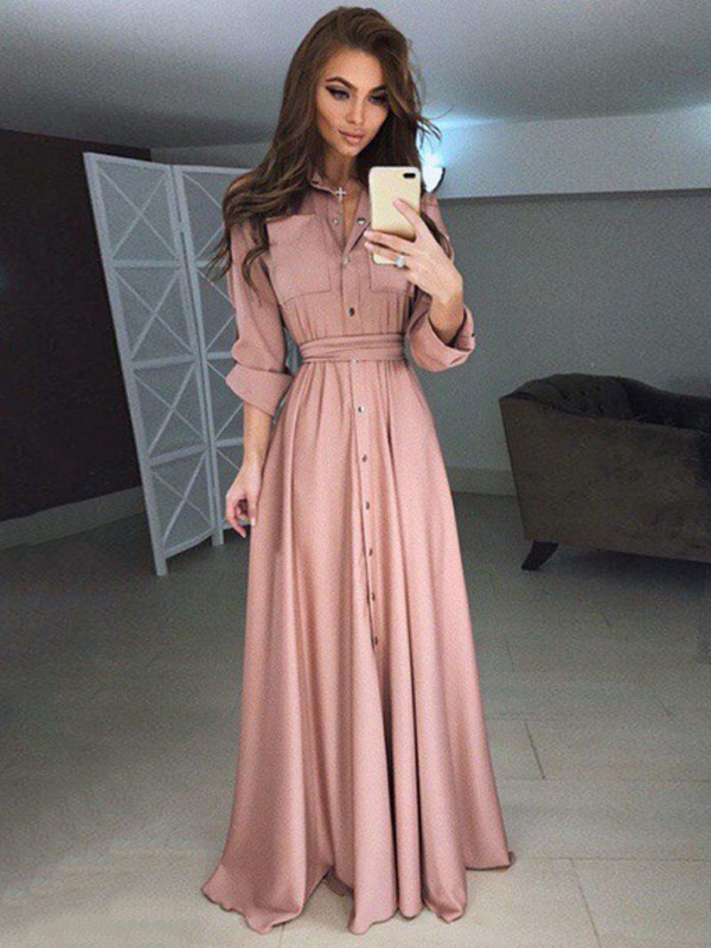 Robes Maxi Pour Femmes Taille Haute Col Montant Boutons Manches Longues Longueur Au Sol Robe Chemise - Rose