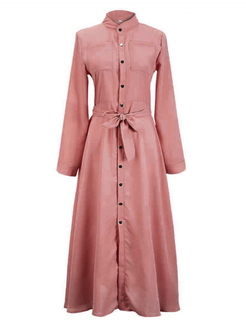 Robes Maxi Pour Femmes Taille Haute Col Montant Boutons Manches Longues Longueur Au Sol Robe Chemise - Rose