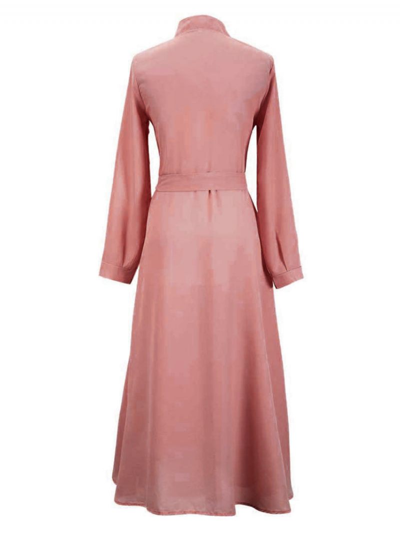 Robes Maxi Pour Femmes Taille Haute Col Montant Boutons Manches Longues Longueur Au Sol Robe Chemise - Rose