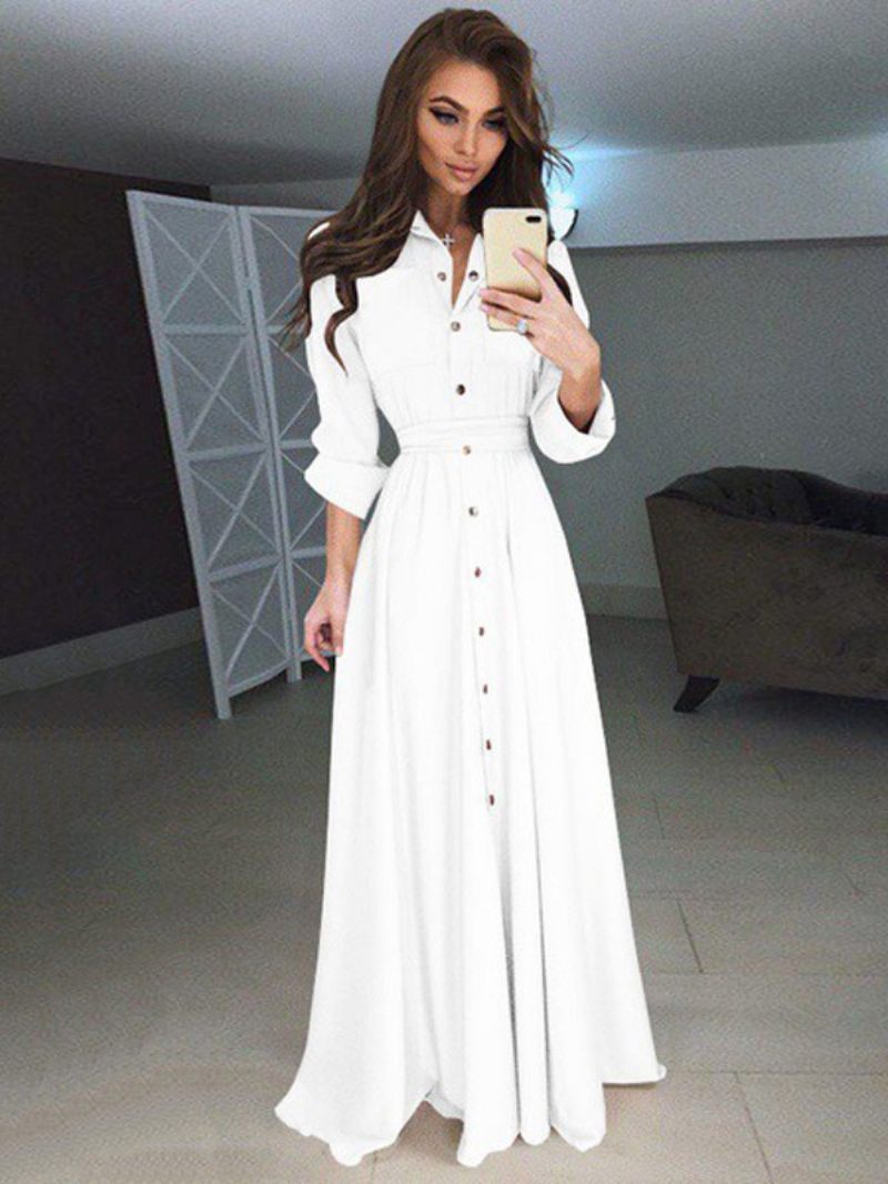 Robes Maxi Pour Femmes Taille Haute Col Montant Boutons Manches Longues Longueur Au Sol Robe Chemise - Blanc