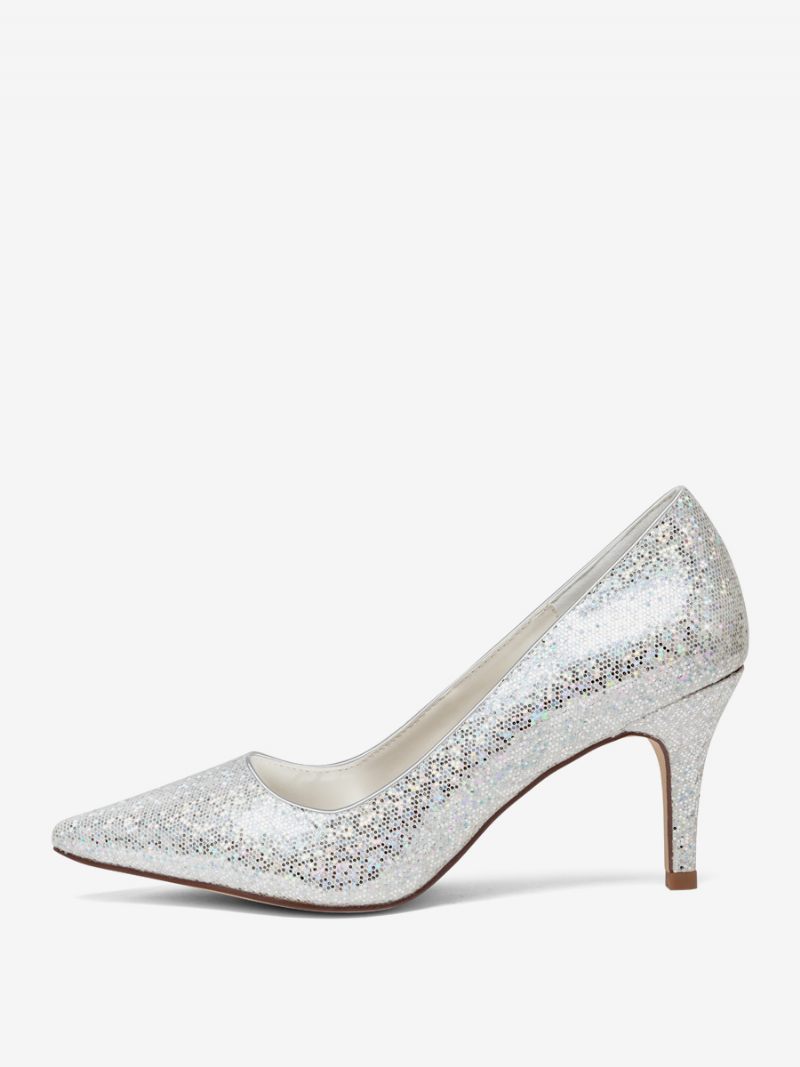 Chaussures Mariage Argentées Pour Femmes Escarpins Mariée À Bout Pointu Et Talon Chaton - Argent