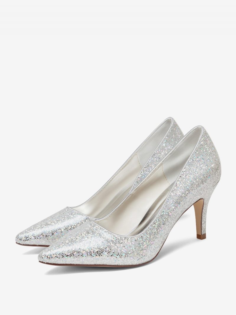 Chaussures Mariage Argentées Pour Femmes Escarpins Mariée À Bout Pointu Et Talon Chaton - Argent