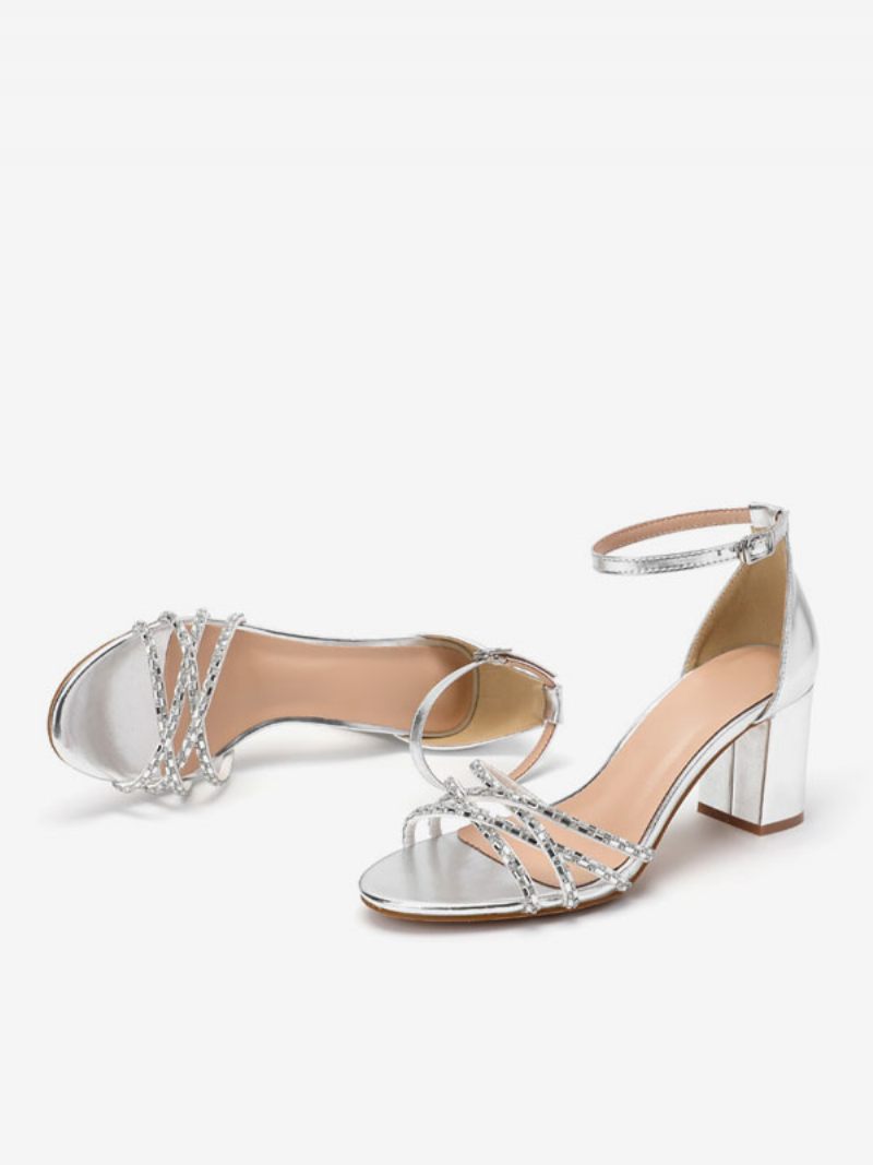 Chaussures Mariage Argentées Pour Femmes Talon Bloc Bout Ouvert Bride À La Cheville Mariée - Argent