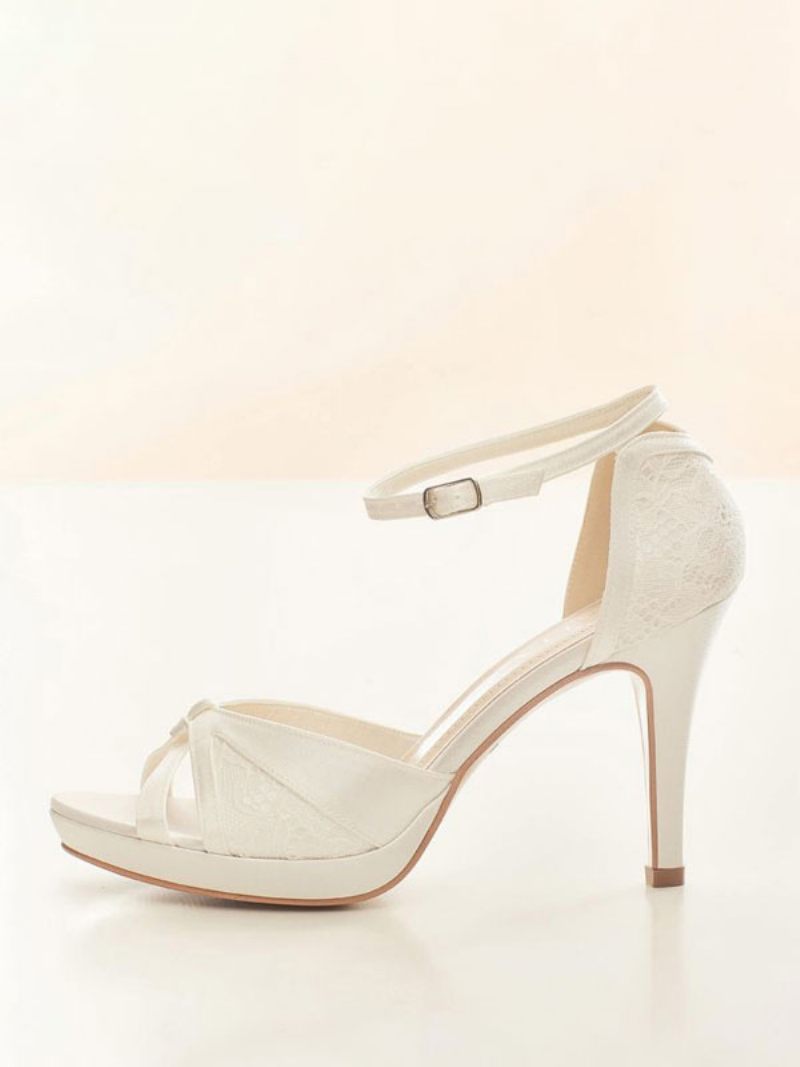 Chaussures Mariage Blanches Pour Femmes Escarpins Mariée À Bout Ouvert Et Détail Dentelle Avec Bride La Cheville - Blanc