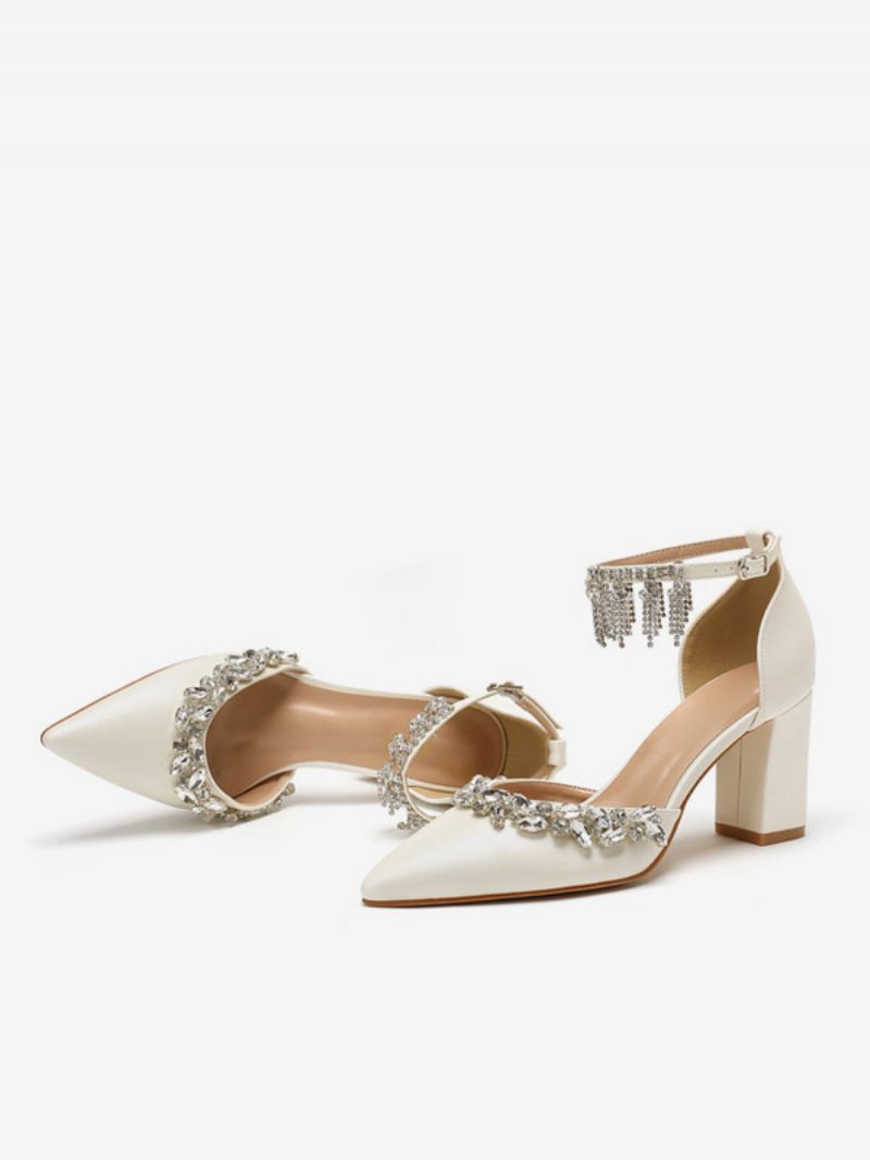 Chaussures Mariage Blanches Pour Femmes Escarpins Mariée À Bout Pointu Avec Bride La Cheville Et Strass - Beige