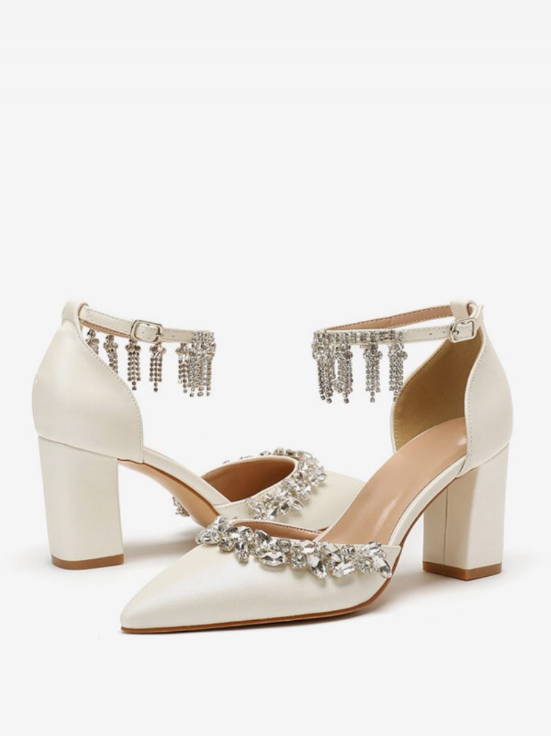 Chaussures Mariage Blanches Pour Femmes Escarpins Mariée À Bout Pointu Avec Bride La Cheville Et Strass - Beige