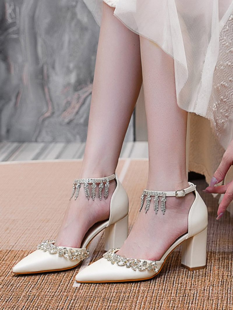 Chaussures Mariage Blanches Pour Femmes Escarpins Mariée À Bout Pointu Avec Bride La Cheville Et Strass - Beige