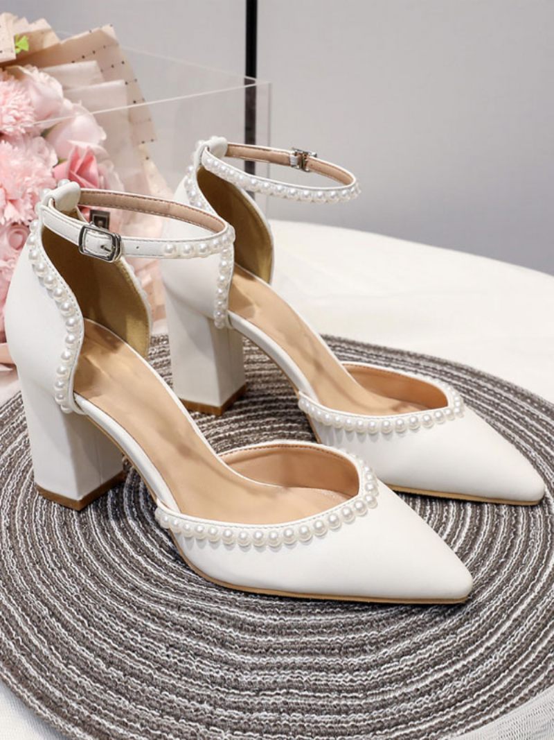 Chaussures Mariage Blanches Pour Femmes Escarpins Mariée À Bout Pointu Avec Perles Et Talons Blocs - Blanc