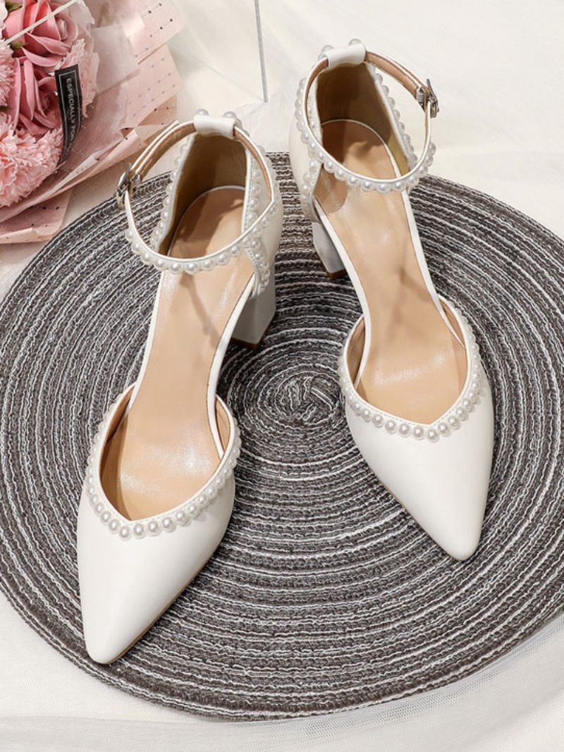 Chaussures Mariage Blanches Pour Femmes Escarpins Mariée À Bout Pointu Avec Perles Et Talons Blocs - Blanc