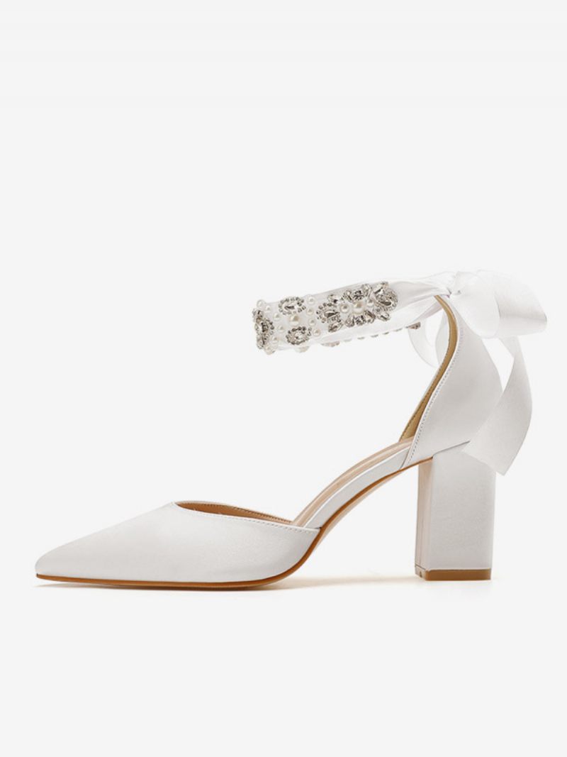 Chaussures Mariage Blanches Pour Femmes Escarpins Mariée À Bout Pointu Avec Strass Talon Bloc Bride La Cheville - Blanc