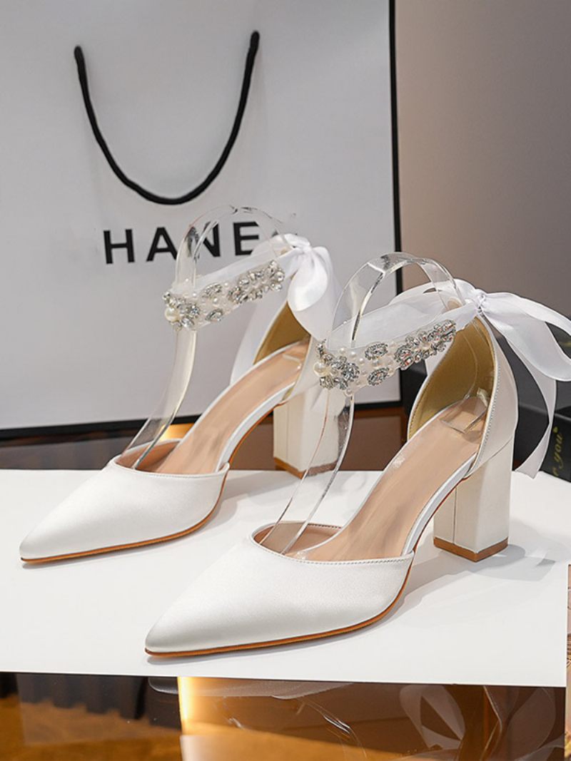 Chaussures Mariage Blanches Pour Femmes Escarpins Mariée À Bout Pointu Avec Strass Talon Bloc Bride La Cheville - Blanc