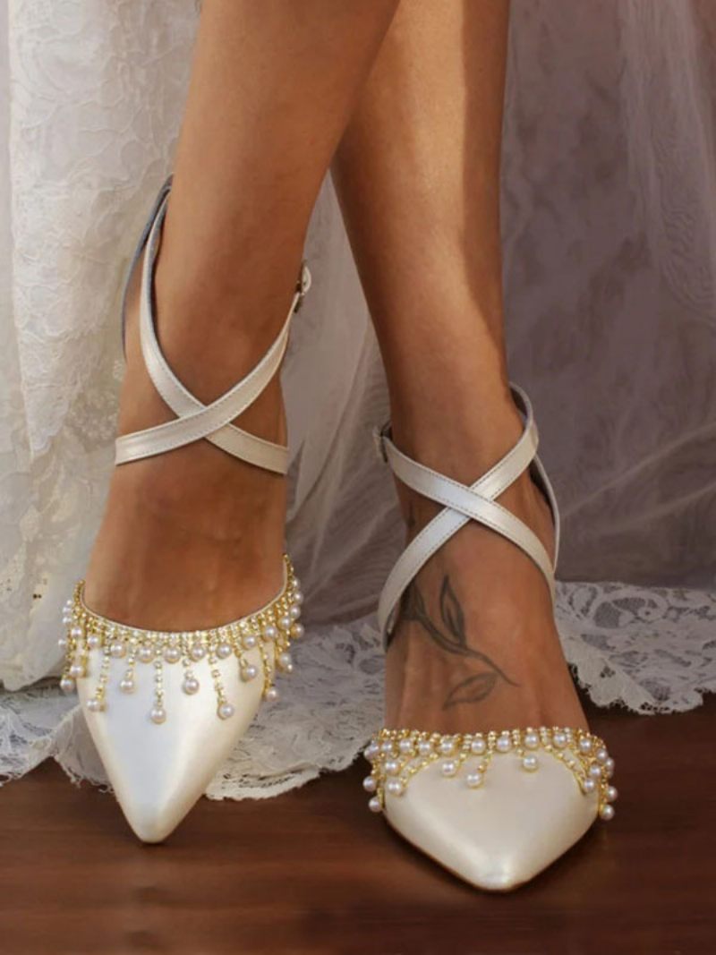 Chaussures Mariage Blanches Pour Femmes Escarpins Mariée Cuir Pu À Bout Pointu Avec Perles - Blanc