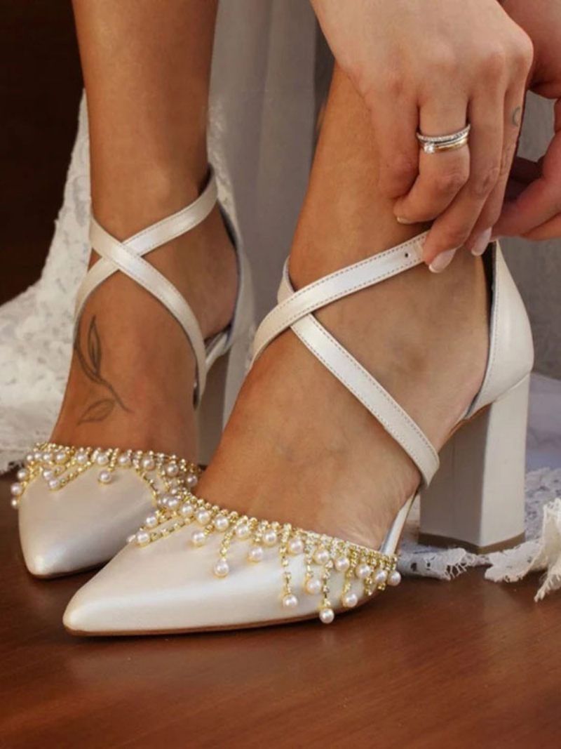 Chaussures Mariage Blanches Pour Femmes Escarpins Mariée Cuir Pu À Bout Pointu Avec Perles - Blanc