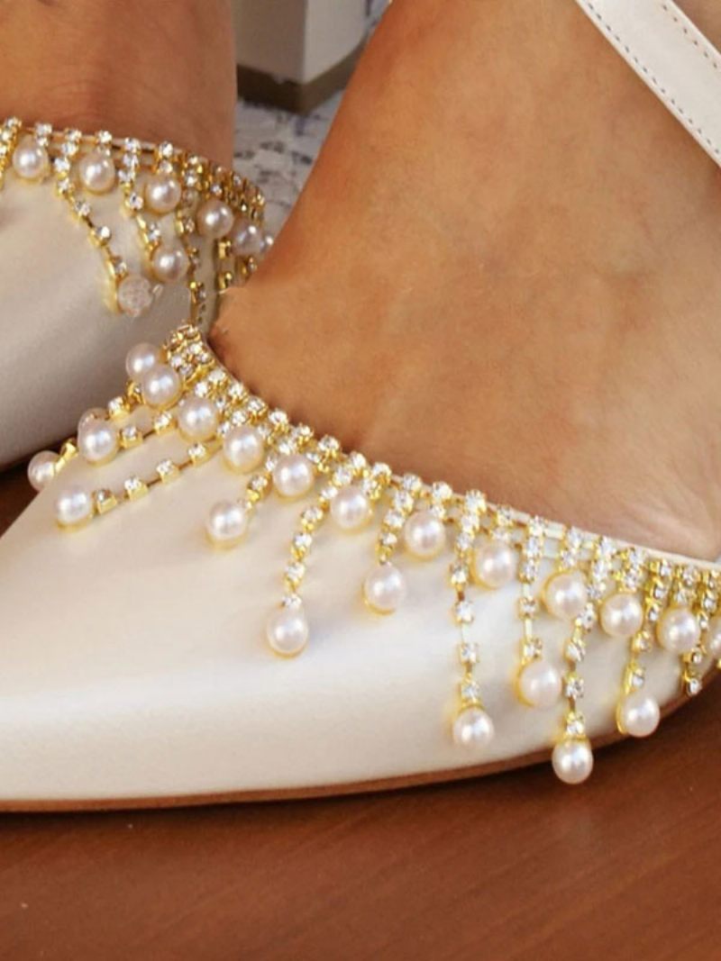 Chaussures Mariage Blanches Pour Femmes Escarpins Mariée Cuir Pu À Bout Pointu Avec Perles - Blanc