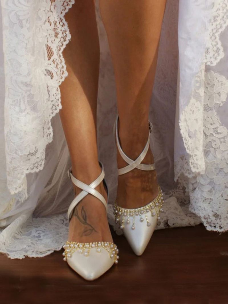 Chaussures Mariage Blanches Pour Femmes Escarpins Mariée Cuir Pu À Bout Pointu Avec Perles - Blanc