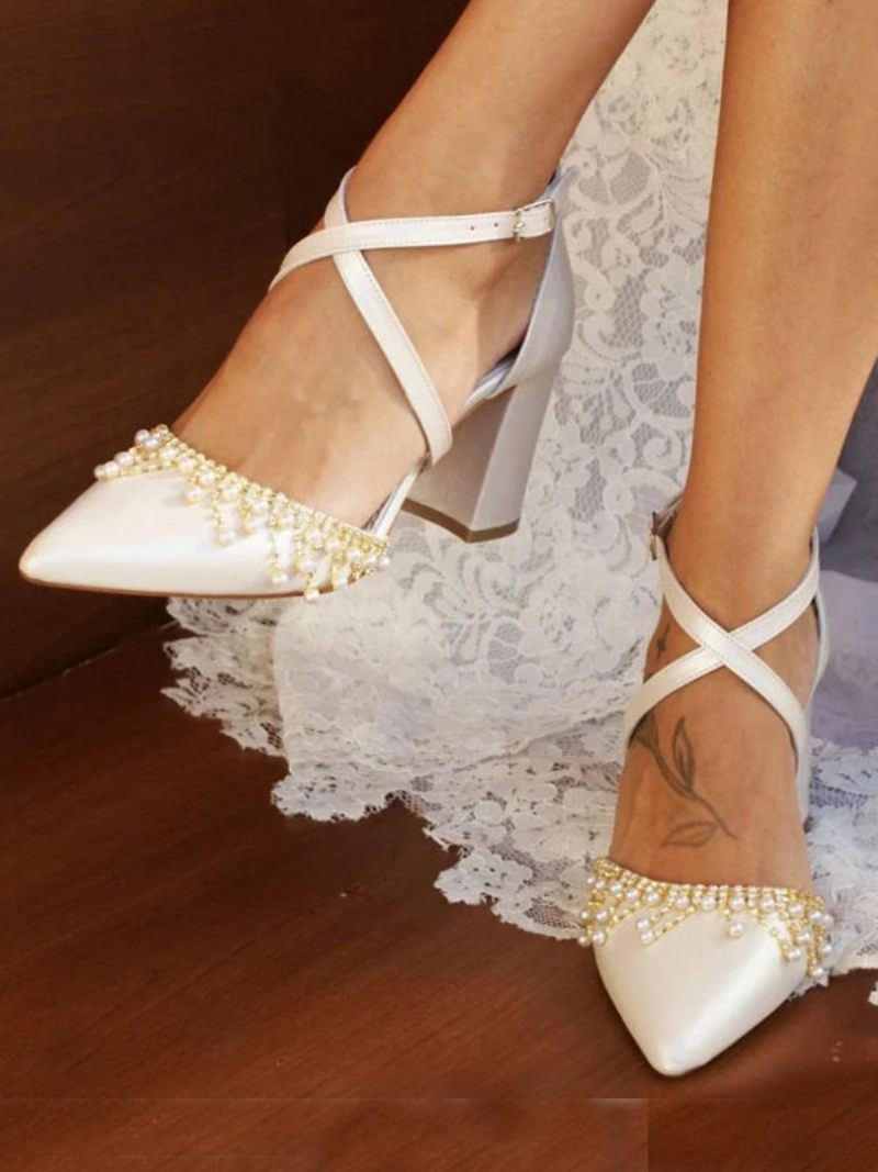 Chaussures Mariage Blanches Pour Femmes Escarpins Mariée Cuir Pu À Bout Pointu Avec Perles - Blanc