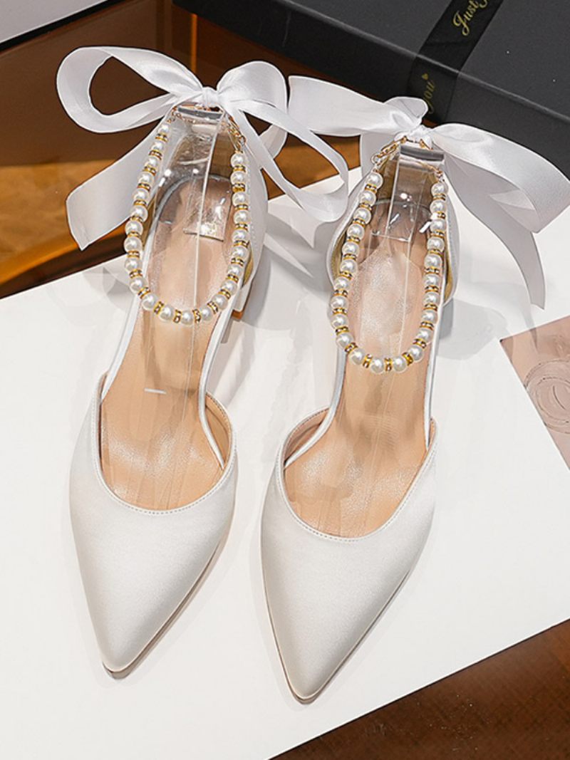 Chaussures Mariage Blanches Pour Femmes Escarpins Mariée Satin À Bout Pointu Avec Nœud Perles - Blanc