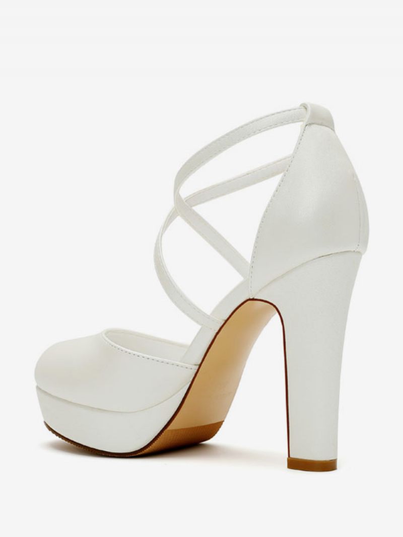 Chaussures Mariage Blanches Pour Femmes Escarpins Mariée Satin À Plateforme Et Bout Rond Croisés - Blanc