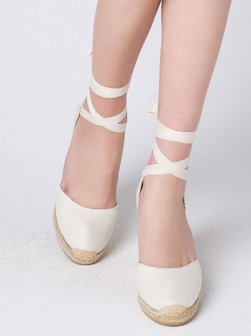 Chaussures Mariage Blanches Pour Femmes Espadrilles Compensées Daim À Bout Pointu Et Lacets - Beige