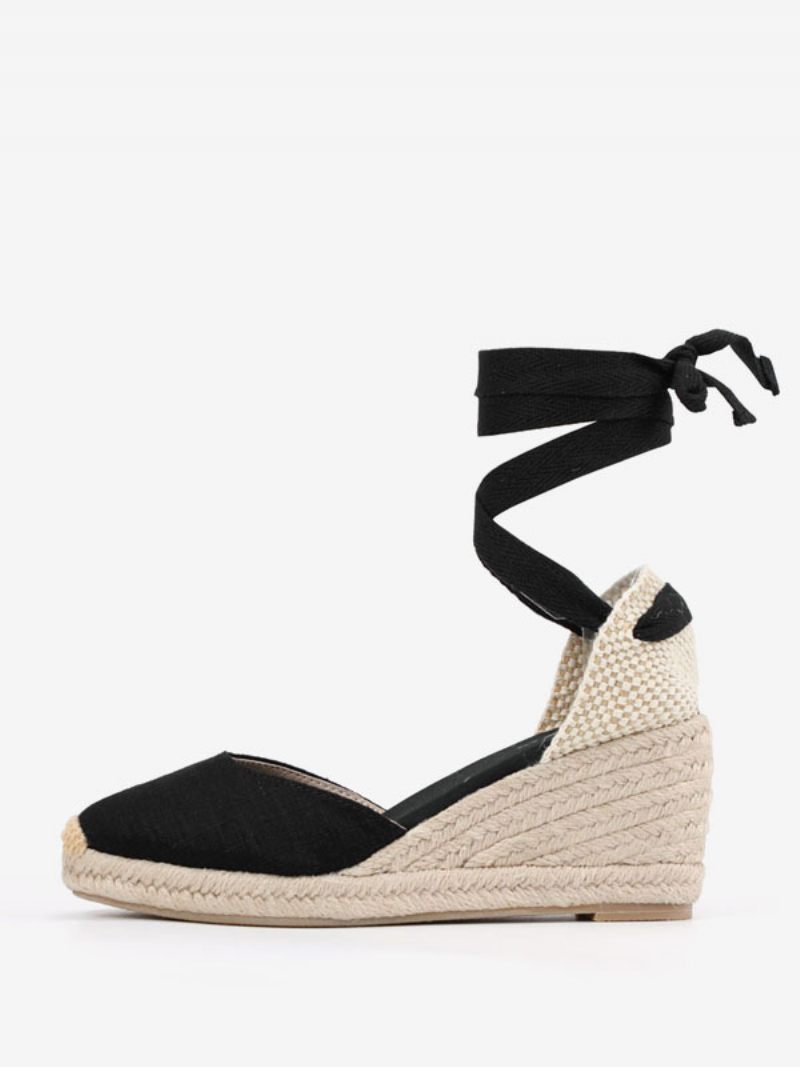 Chaussures Mariage Blanches Pour Femmes Espadrilles Compensées Daim À Bout Pointu Et Lacets - Noir