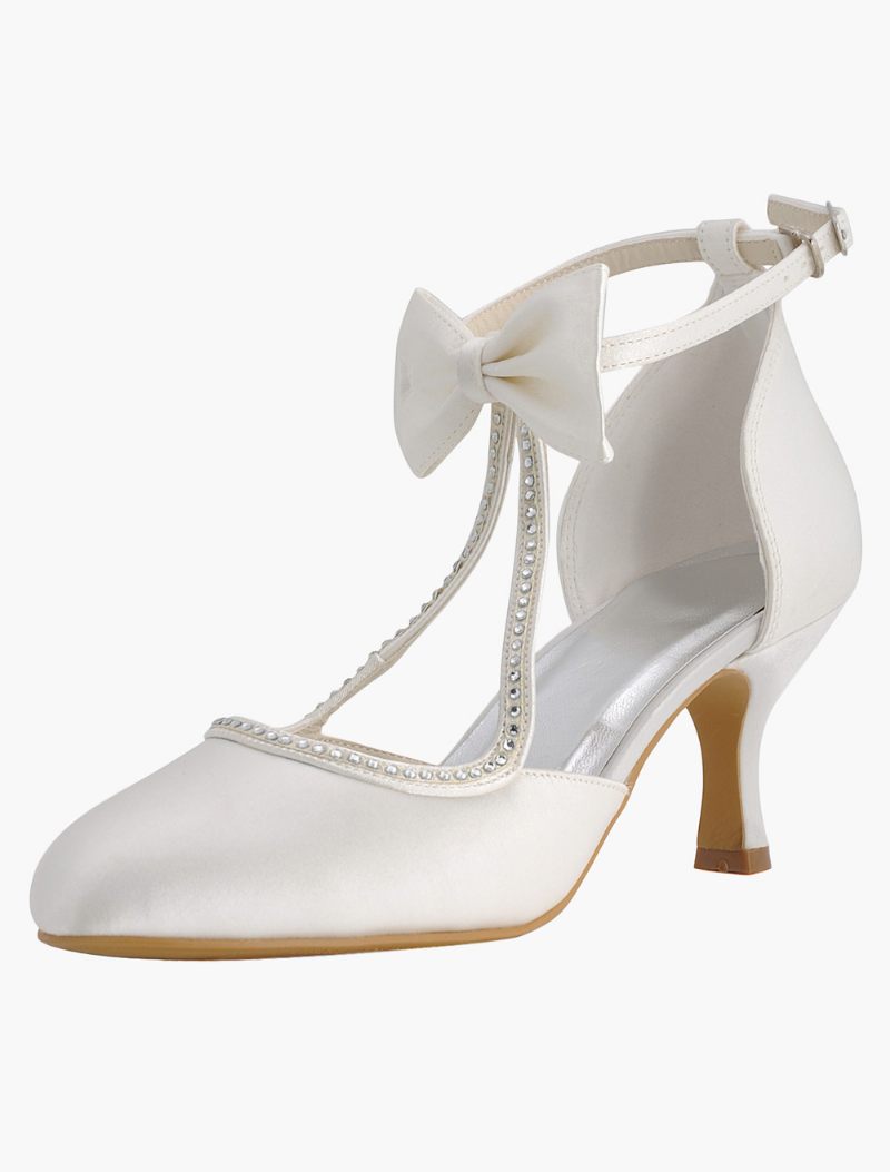 Chaussures Mariage Blanches Pour Femmes Mariée Satin À Bout Pointu Avec Nœud Vintage 2024