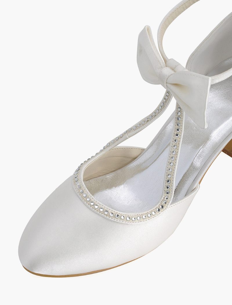 Chaussures Mariage Blanches Pour Femmes Mariée Satin À Bout Pointu Avec Nœud Vintage 2024 - Ivoire