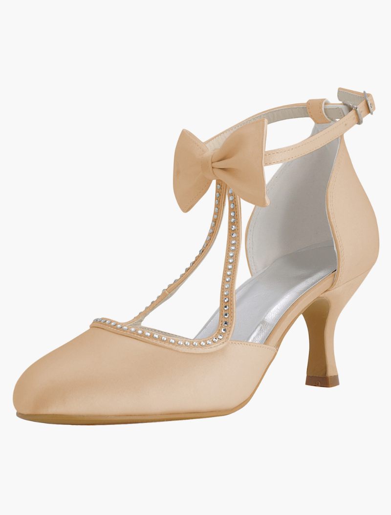 Chaussures Mariage Blanches Pour Femmes Mariée Satin À Bout Pointu Avec Nœud Vintage 2024 - Champagne