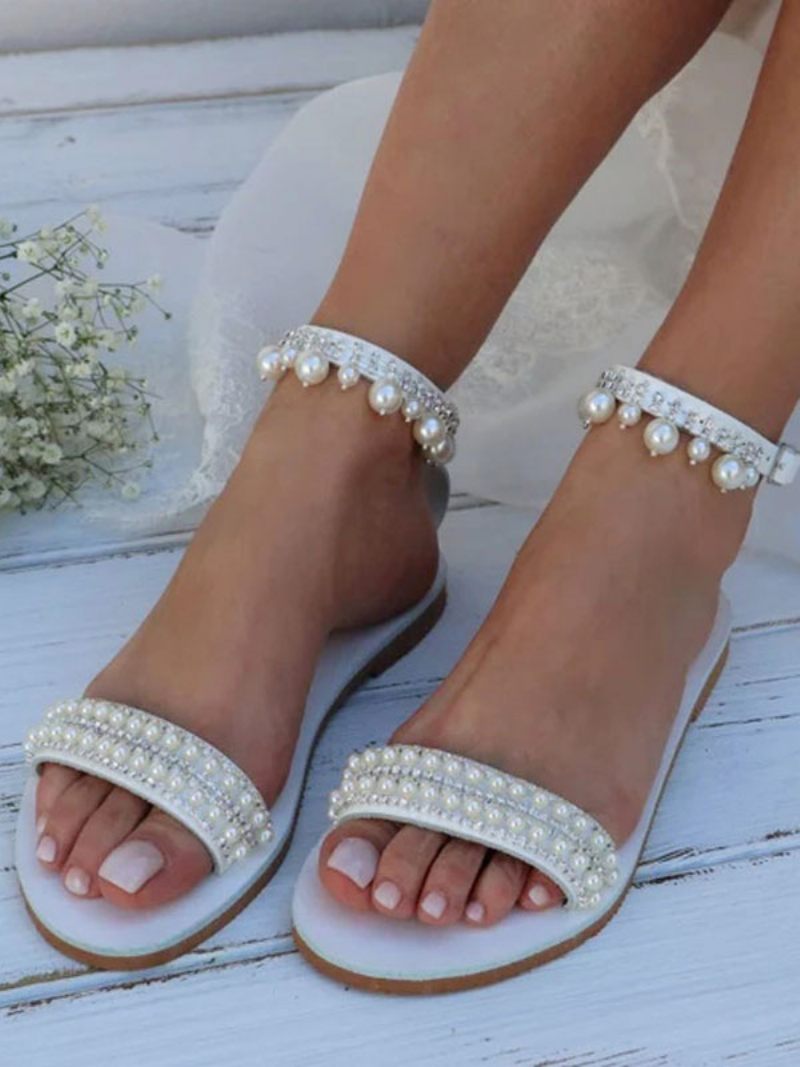 Chaussures Mariage Boho Pour Femmes Cuir Pu Bout Rond Perles Plates Mariée - Blanc