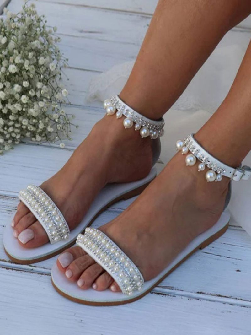 Chaussures Mariage Boho Pour Femmes Cuir Pu Bout Rond Perles Plates Mariée - Blanc