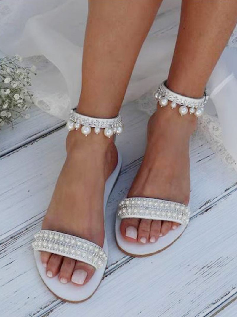 Chaussures Mariage Boho Pour Femmes Cuir Pu Bout Rond Perles Plates Mariée - Blanc