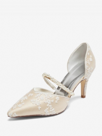 Chaussures Mariage Champagne Pour Femmes Escarpins Mariée Brodés Fleurs Dentelle Et Perles