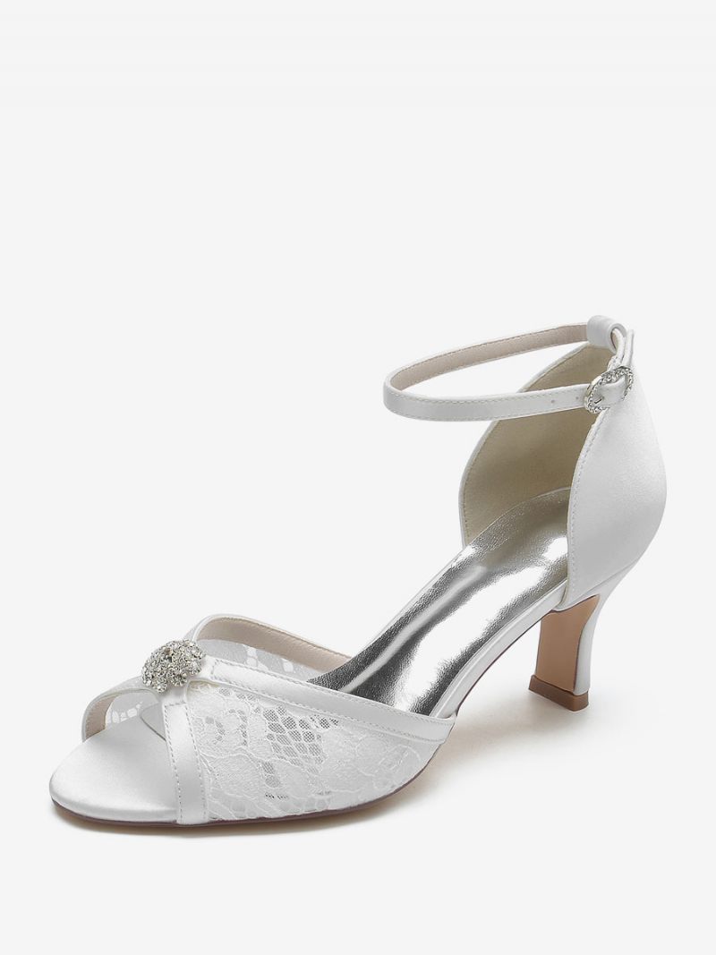 Chaussures Mariage Dentelle Pour Femmes Bout Ouvert Strass Talon Épais Mariée - Blanc