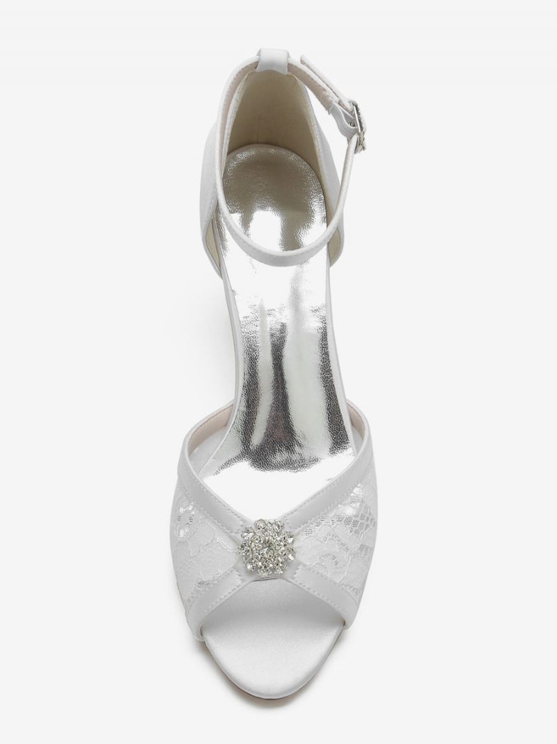 Chaussures Mariage Dentelle Pour Femmes Bout Ouvert Strass Talon Épais Mariée - Blanc