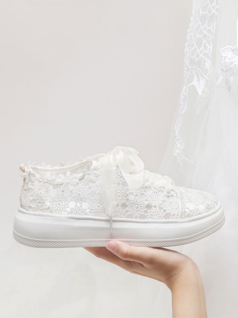 Chaussures Mariage Dentelle Pour Femmes Bout Rond Mariée Skate À Lacets - Ivoire