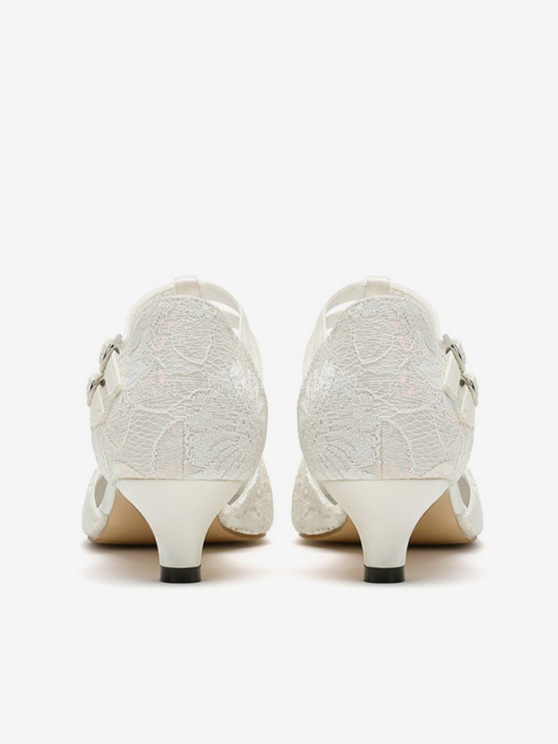 Chaussures Mariage Dentelle Pour Femmes Escarpins Mariée Vintage À Bout Rond Et Sangle T - Blanc