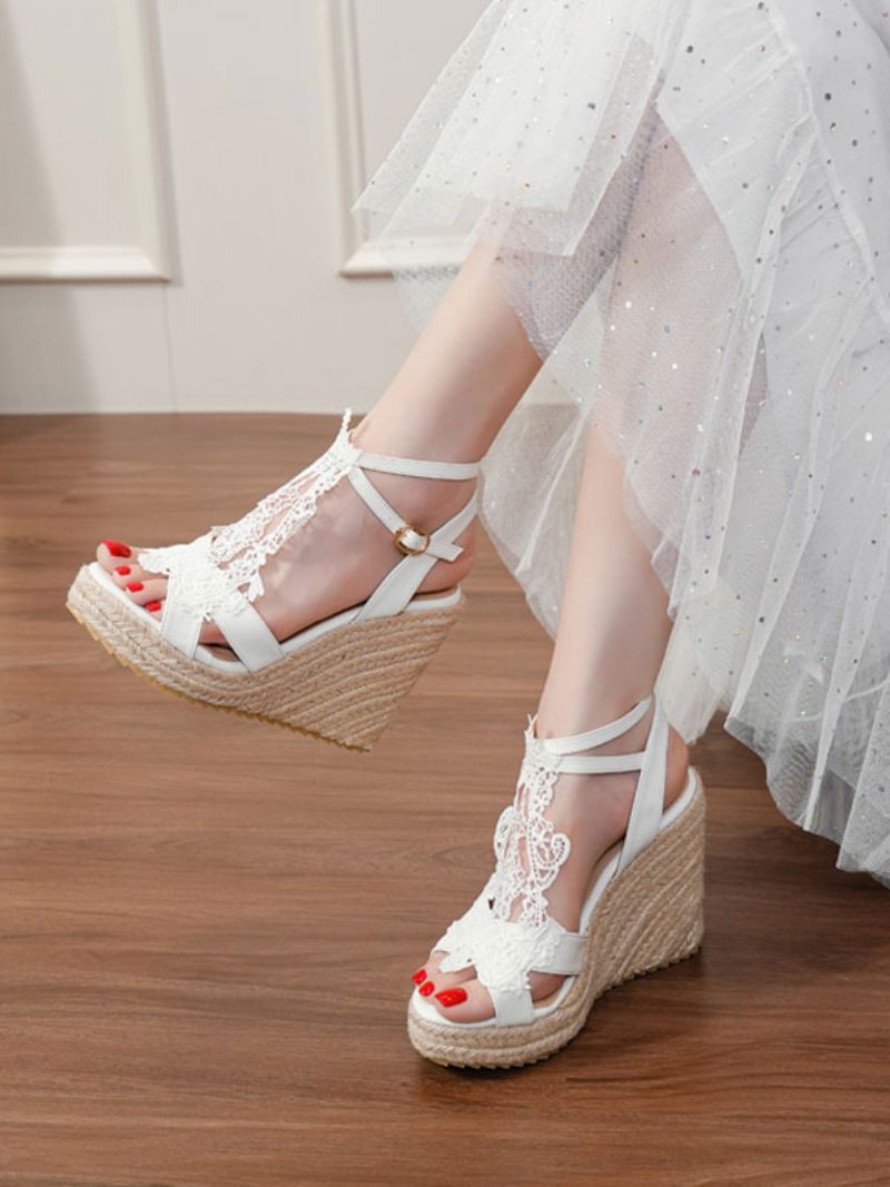 Chaussures Mariage Pour Femmes Cuir Pu Blanc Brodé Sandales À Bout Ouvert - Blanc