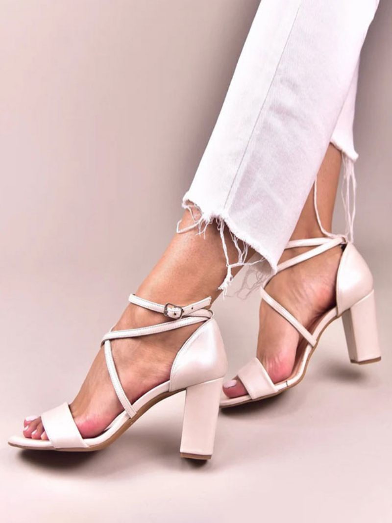 Chaussures Mariage Pour Femmes Cuir Pu Écru Blanc Détails Métal Sandales À Bout Ouvert