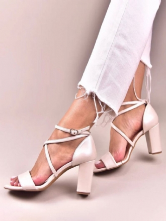 Chaussures Mariage Pour Femmes Cuir Pu Écru Blanc Détails Métal Sandales À Bout Ouvert