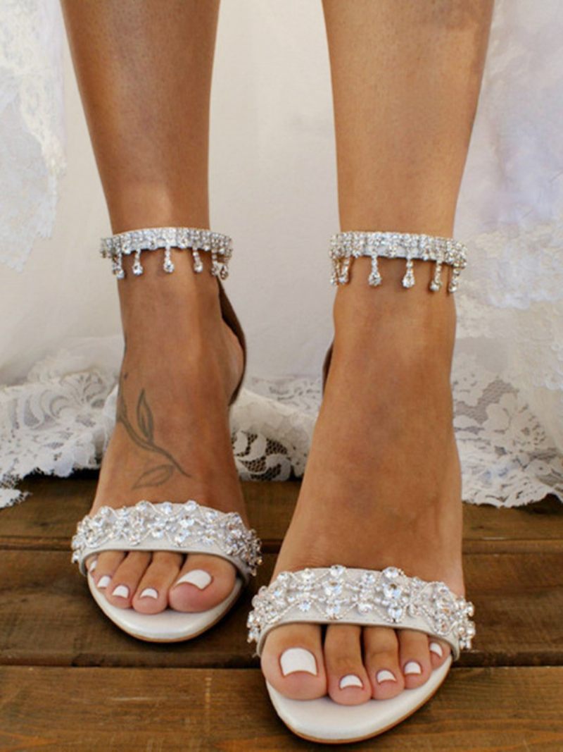 Chaussures Mariage Pour Femmes Cuir Pu Strass Blancs Sandales À Bout Ouvert